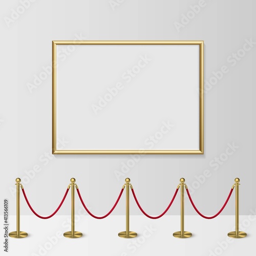 Golden frame for picture with gold stanchions barrier. Mock up template for famous painting vector illustration. Realistic scene with fence and wall indoor on white background