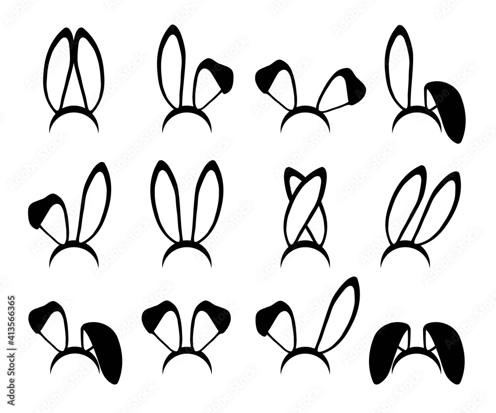 Rabbit ears silhouettes vector illustrations set. Easter bunny ears kid  headband, mask collection. Hare costume contour cartoon element. Photo  editor, booth, video chat app black isolated cliparts. Stock Vector | Adobe  Stock