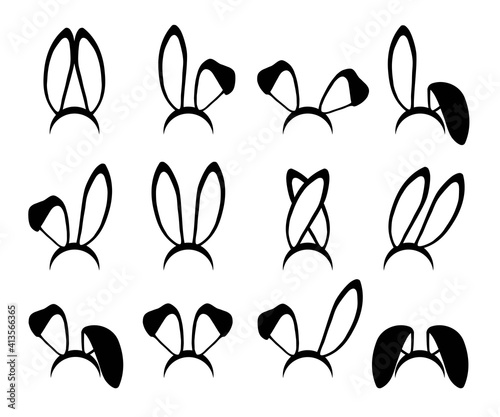 Rabbit ears silhouettes vector illustrations set. Easter bunny ears kid headband, mask collection. Hare costume contour cartoon element. Photo editor, booth, video chat app black isolated cliparts.