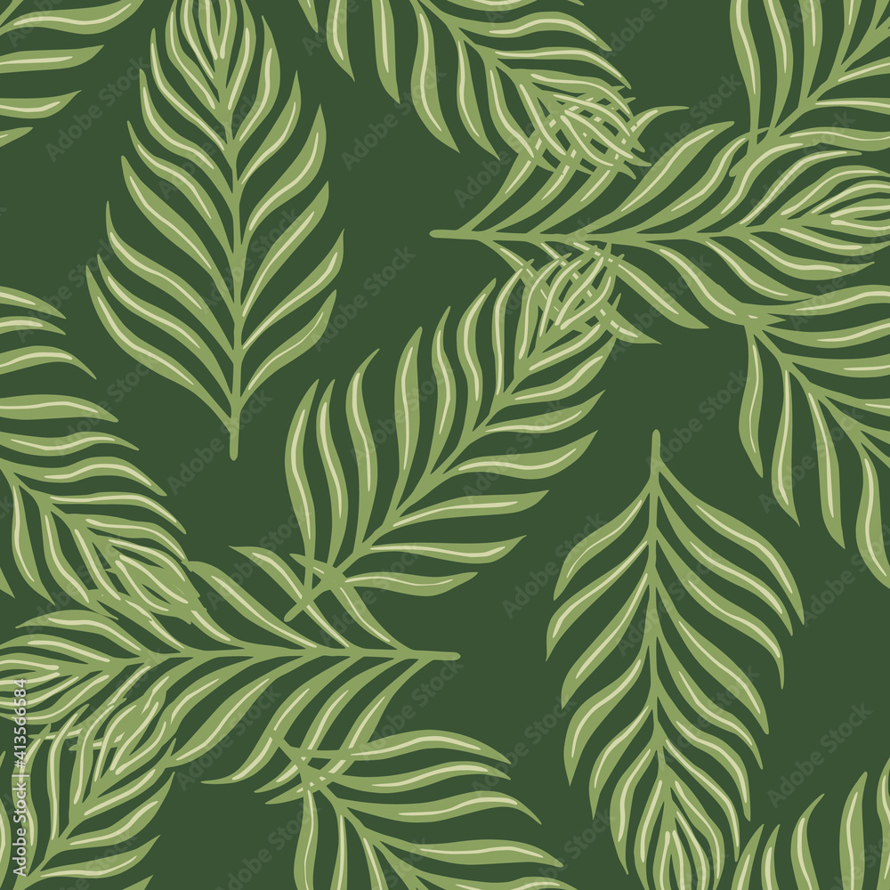 Seamless random pattern with botanic tropical fern leaf ornament. Green background. Doodle style.