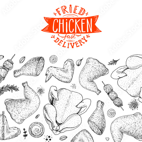 Grilled and Fried chicken. Hand drawn sketch illustration. Grilled chicken meat top view frame. Vector illustration. Engraved design. Restaurant menu design template. photo