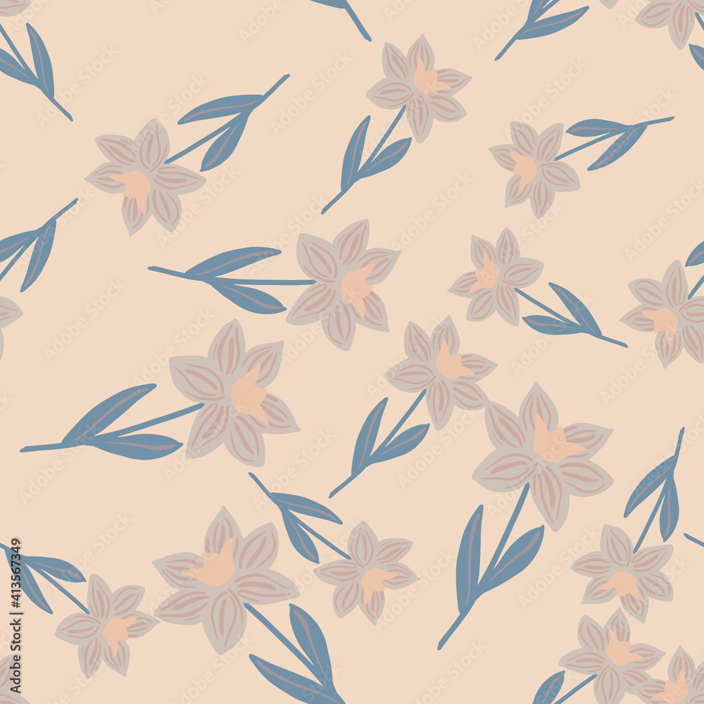 Random pastel seamless pattern with doodle folk flowers silhouettes ornament. Blue stems. Cute botany backdrop.