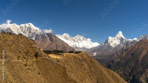 Panoramic views of the Everest range, Landscape in the himalayas, Everest base camp trek, Everest Hotel viewpoint, Namche Bazar viewpoint, trekking in Nepal, beautiful scenery in the mountains