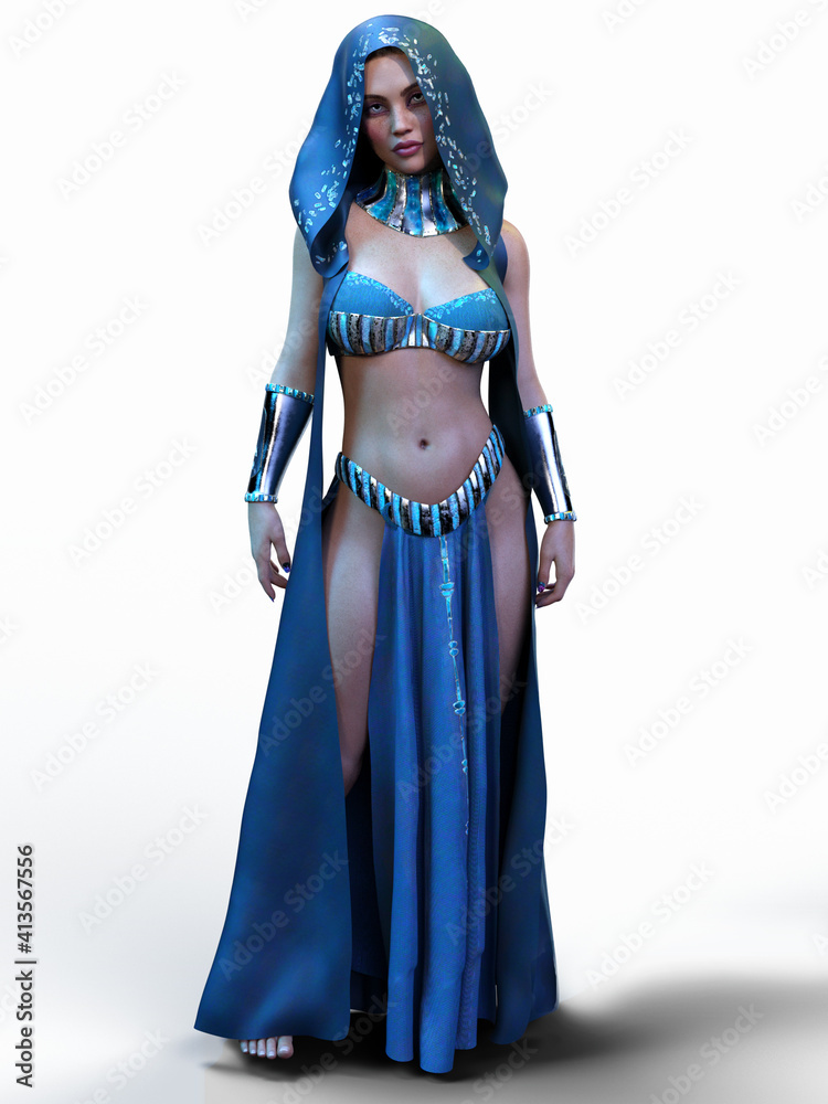 A 3d digital render of a female priestess wearing blue isolated on white background.