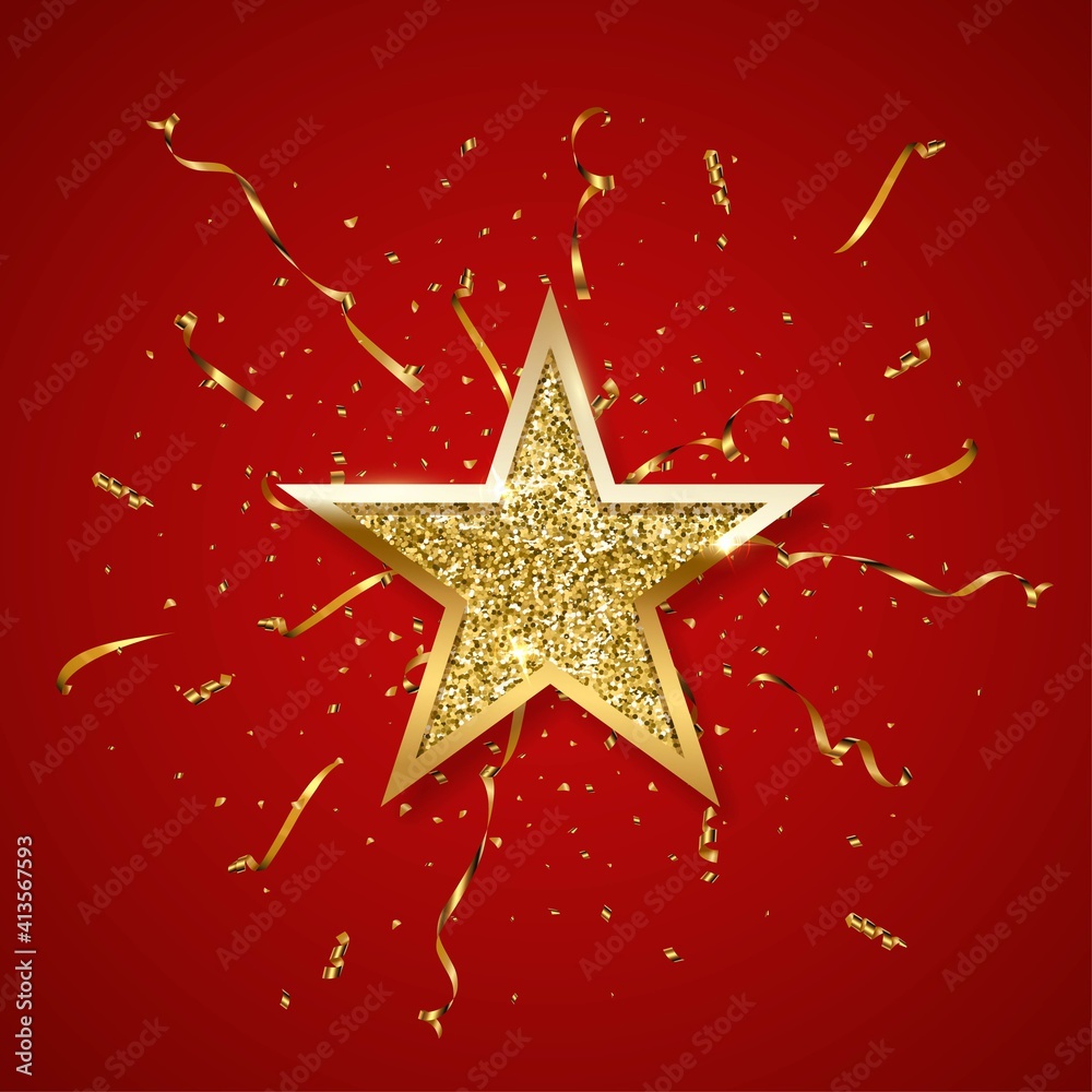 Fototapeta premium Gold glitter star with golden frame on red background with confetti and serpentine. Christmas ornament shiny emblem vector illustration. Bright creative abstract decoration element for celebration