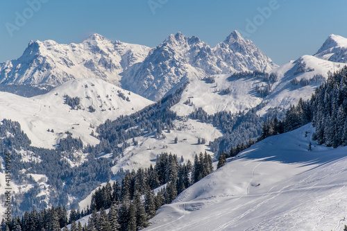 The Austrian Alps in winter near Kitzbuhel. Behind the snow-covered fir trees, illuminated by the sun, the magnificent mountain peaks rise against the blue sky.