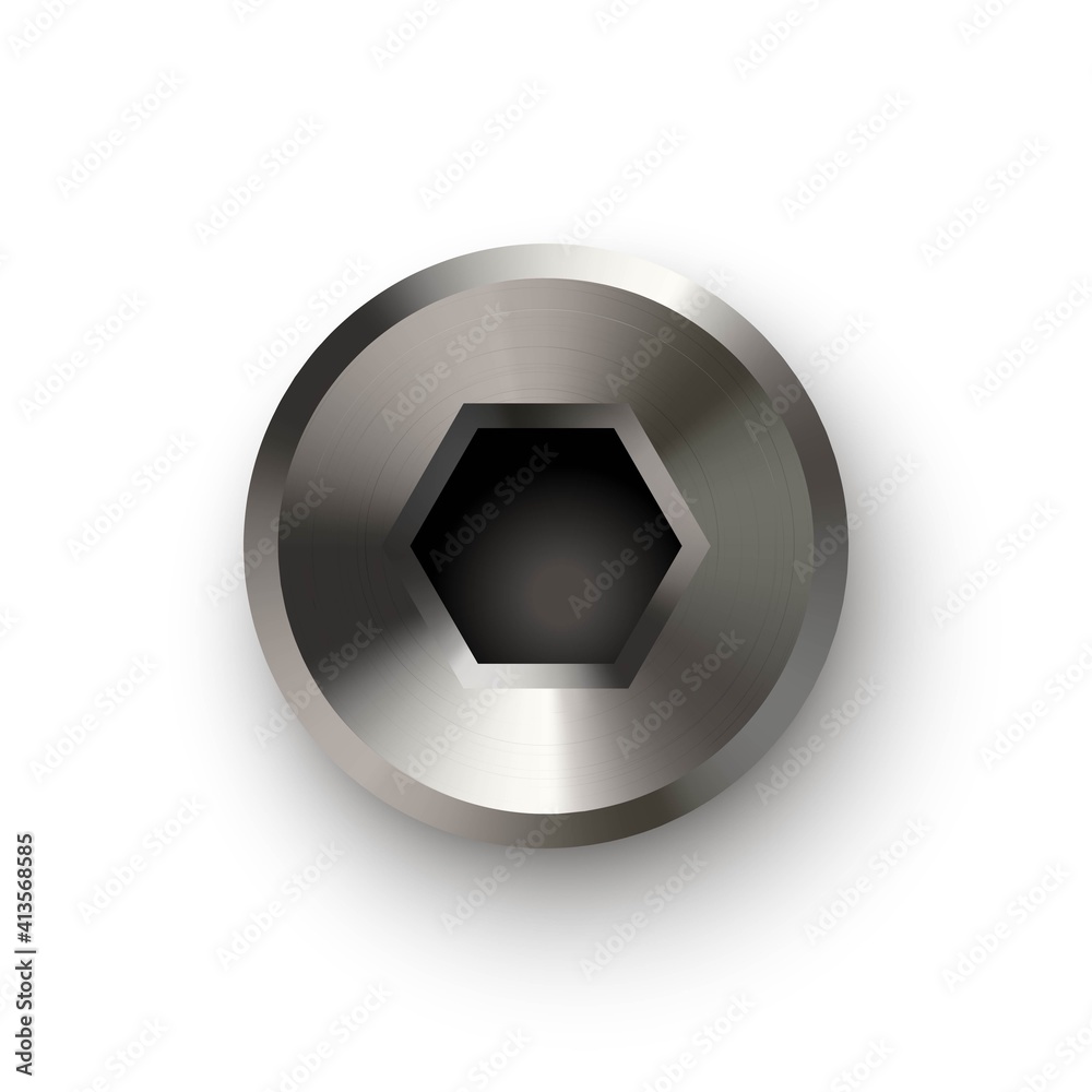Metal bolt or screw head, steel hexagon rivet. Silver or chrome shiny cap or screwhead vector illustration. Round small hardware construction element isolated on white background Metal bolt or screw head, steel hexagon rivet. Silver or chrome shiny cap or screwhead vector illustration. Round small hardware construction element isolated on white background