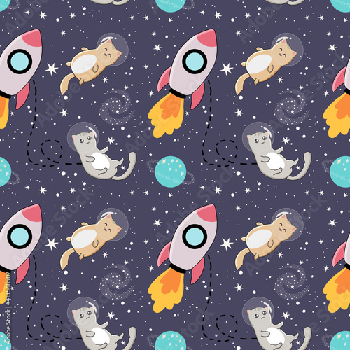 Seamless pattern with cute cats astronauts on starry space background. Perfect for wrapping paper, posters, fabric and other design.