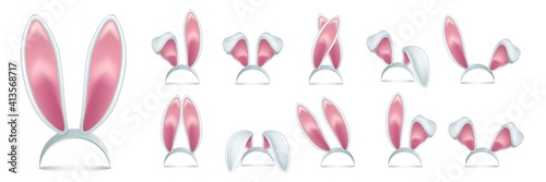 Rabbit ears realistic 3d vector illustrations set. Easter bunny ears kid headband, mask collection. Hare costume pink cartoon element. Photo editor, booth, video chat app color isolated cliparts.
