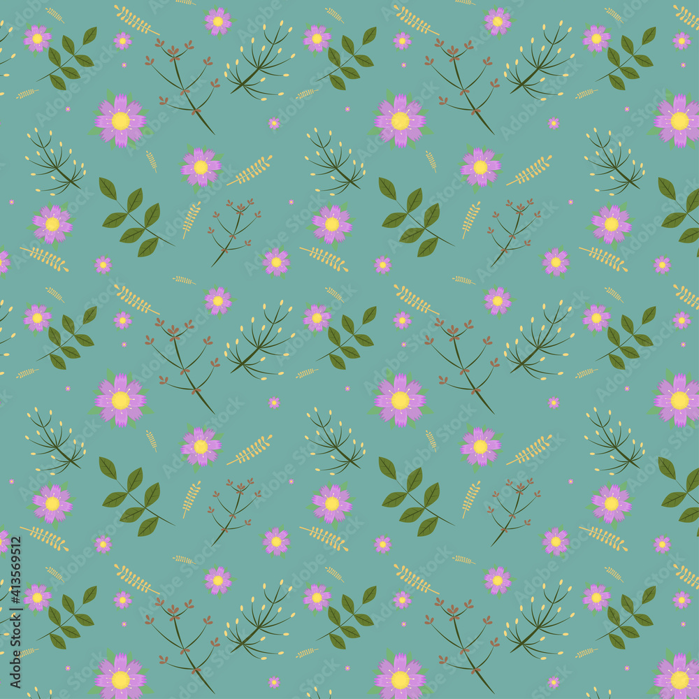 pattern with flowers and leaves on a blue background, spring illustration