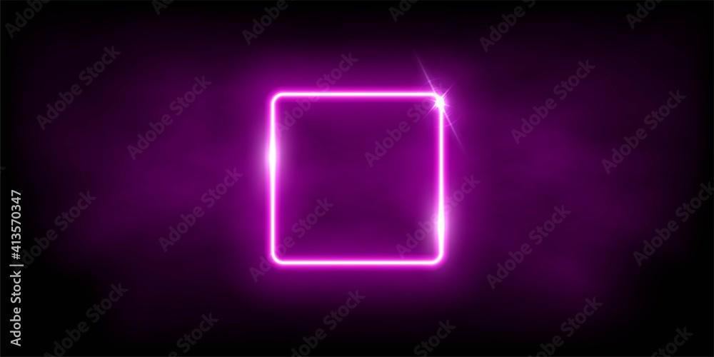 Glowing neon pink square with sparkles in fog abstract background. Electric light frame. Geometric fashion design vector illustration. Empty minimal art decoration. Glowing neon pink square with sparkles in fog abstract background. Electric light frame. Geometric fashion design vector illustration. Empty minimal art decoration.