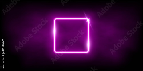 Glowing neon pink square with sparkles in fog abstract background. Electric light frame. Geometric fashion design vector illustration. Empty minimal art decoration.