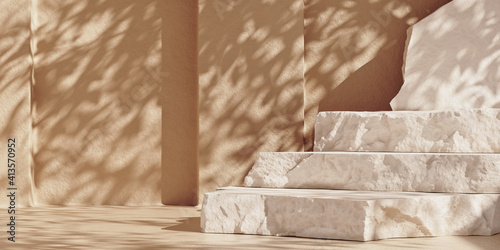 White stone slabs stepped product podium. Copy space pastel background with sunshade shadows. Mock-up scene for product display. 3D rendering illustration.