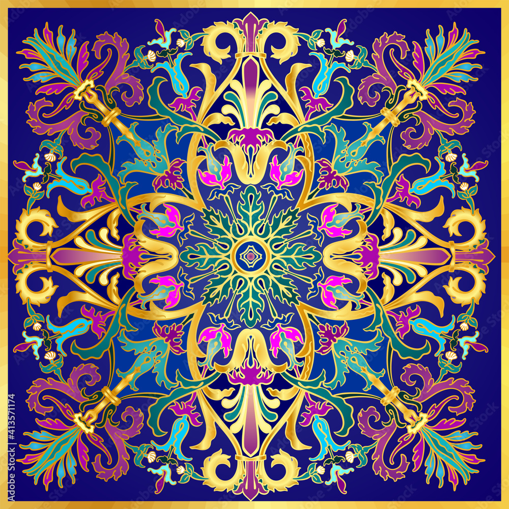 Colorful vector antique Roman, empire or baroque style seamless textile pattern with flowers and ornamental motifs in deep blue, green, emerald, turquoise, purple, gold colors