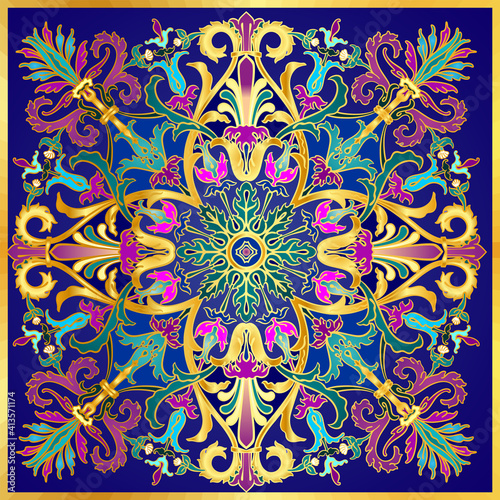 Colorful vector antique Roman, empire or baroque style seamless textile pattern with flowers and ornamental motifs in deep blue, green, emerald, turquoise, purple, gold colors
