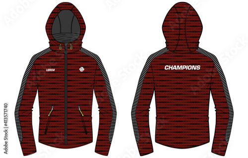 Long sleeve sports Bomber Hoodie jacket design template in vector, Hooded jacket with front and back view, hooded winter jacket for Men and women. for training, Running and workout in winter