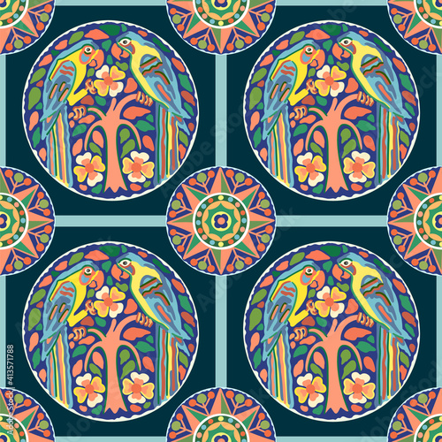 Seamless South American colorful national style ethnic pattern, Maya or Aztec art, colorful birds, leaves, circles, for custom design, background, textile