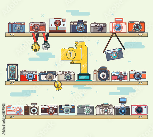 Photo camera icons set on the shelf