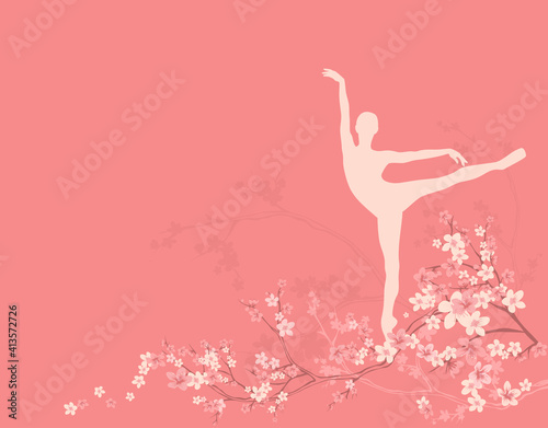 beautiful ballet dancer among blooming sakura tree branches - classical ballerina spring season outdoor performance vector copy space background © Cattallina