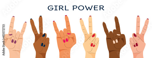 Female hands different nations showing victory gestures. Feminism concept. Vector illustration.