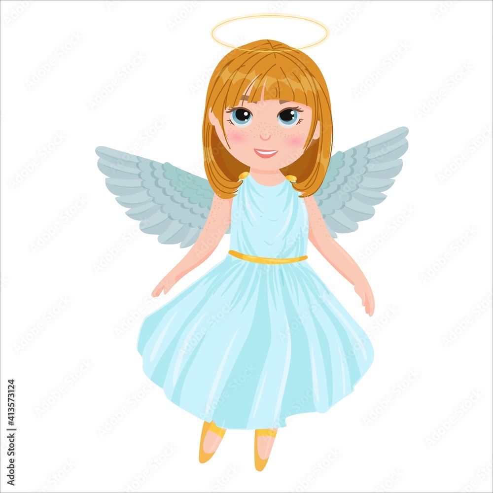 Cute cartoon angel girl in a blue dress. Wings and halo. child dancing ...