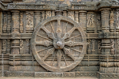 Detail of the Sun Temple was built in the 13th century and designed as a gigantic chariot of the Sun God, Surya, in Konark, Odisha, India.