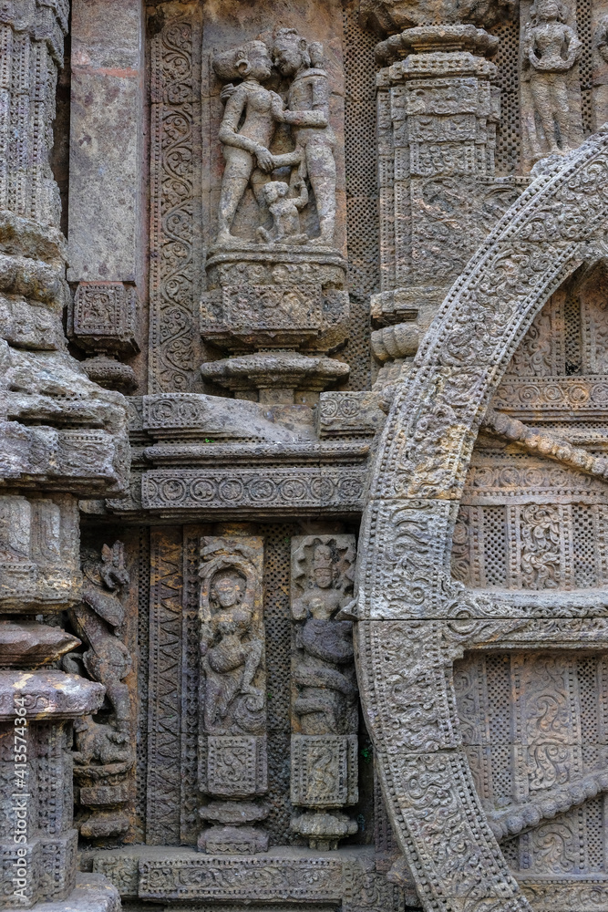 Detail of the Sun Temple was built in the 13th century and designed as a gigantic chariot of the Sun God, Surya, in Konark, Odisha, India.