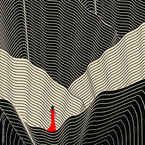 A woman wearing a red gown stands in a surreal line-art landscape.
