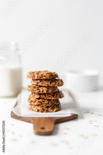 Morning Breakfast Energy Biscuit Cookies With Oats and Peanut Butter, Served with Dairy Milk