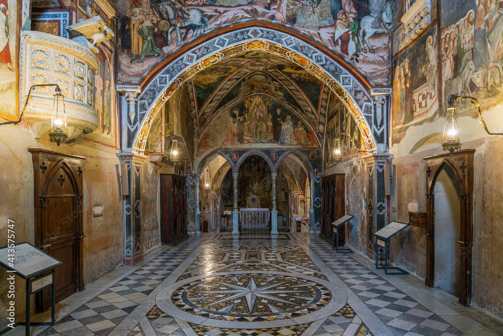 The marvelous frescoes in the interior of the Monastery of Sacred Cave (Sacro Speco) of Saint Benedict in Subiaco, province of Rome, Lazio, central Italy.
