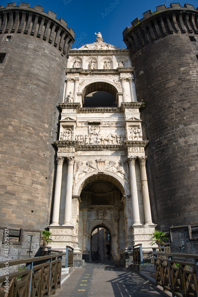 Entrance to the medieval fortress Castel Nuovo in Naples, Italy
