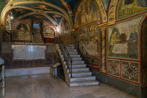 The marvelous frescoes in the interior of the Monastery of Sacred Cave  Sacro Speco  of Saint Benedict in Subiaco  province of Rome  Lazio  central Italy.