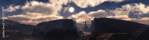 Mountain landscape at sunset, alien landscape panorama, sun over the mountains, 3D rendering