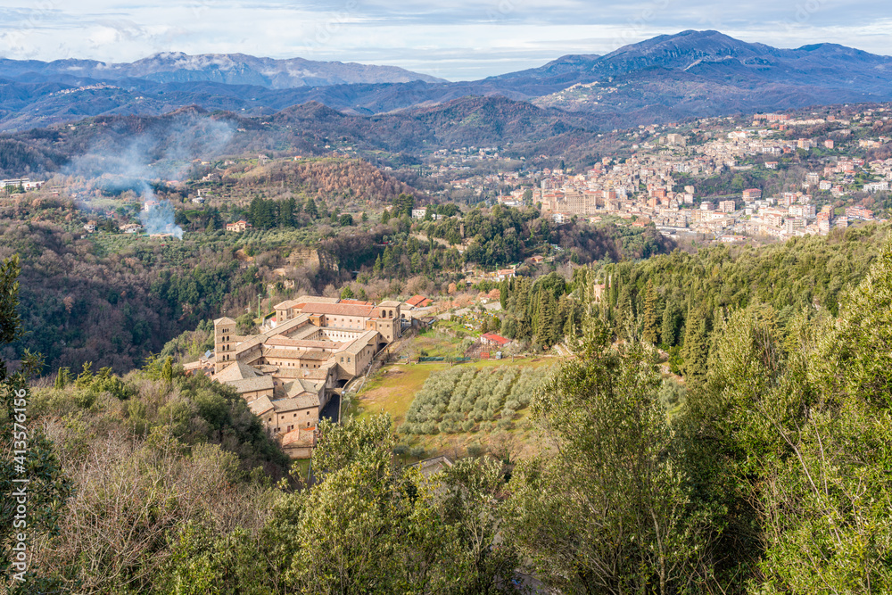 Panoramic view of Santa Scolastica Monastery and Subiaco, from the Sacro Speco Monastery, Lazio, central Italy.