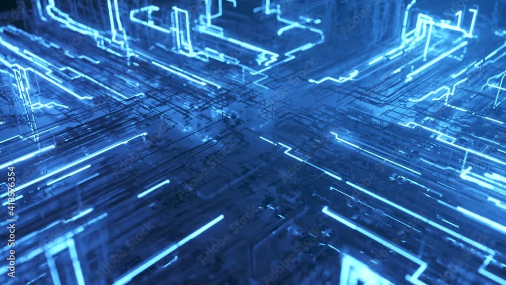 Abstract technological background from a fiber optic glowing beam spreading in the digital space. Data transmission in the futuristic industry. Colorful blue digitalization process. 3d animation