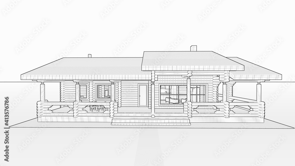 3d black-and-white sketch of a wooden project of a log bath house with a terrace, a recreation room, chimneys, wide windows from the floor, and a two-level roof.