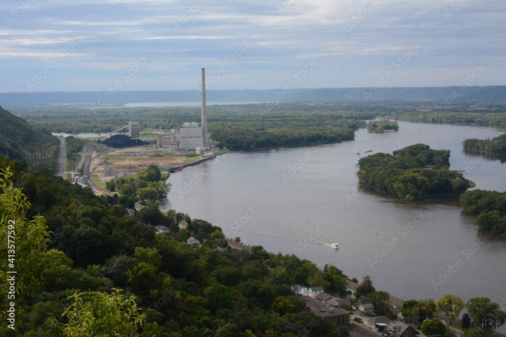 Mississippi River bend with coal power plant