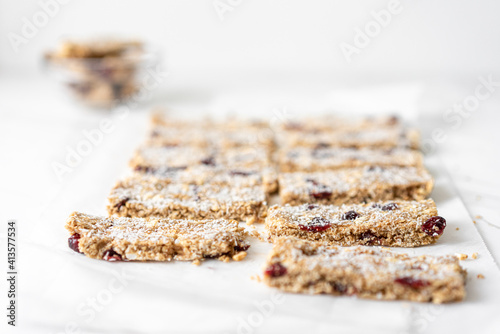 Vegan Energy Oat Bars With Coconut  Rice Puffs and Dried Cranberries Fruits  Flat Lay