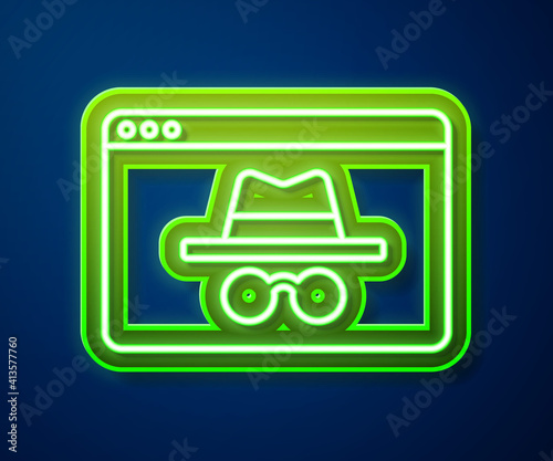 Glowing neon line Browser incognito window icon isolated on blue background. Vector.