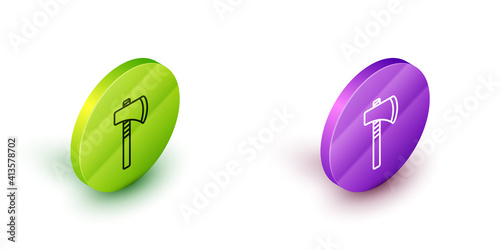 Isometric line Native american tomahawk axe icon isolated on white background. Green and purple circle buttons. Vector.