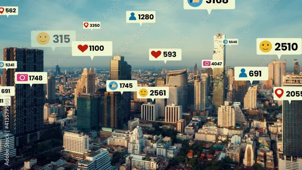 Social media icons fly over city downtown showing people engagement connection through social network application platform . Concept for online community and social media marketing strategy .
