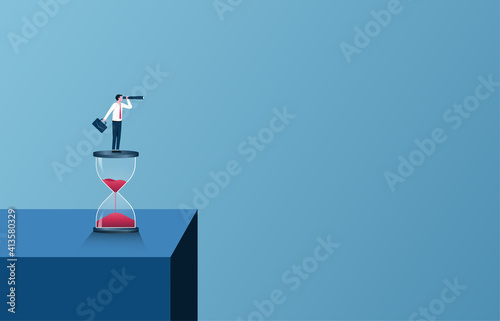 Business vision concept. Businessman holding telescope on hourglass illustration.