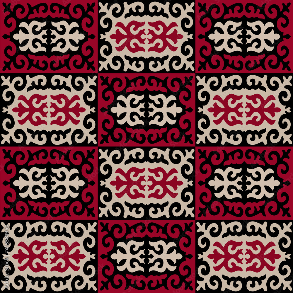 Seamless oriental Kazakh, Arabian, Uzbek style damask islamic muslim pattern in red, black and beige colors. Simple vintage boho ornament for background, textile or wallpapers.  Vector illustration.