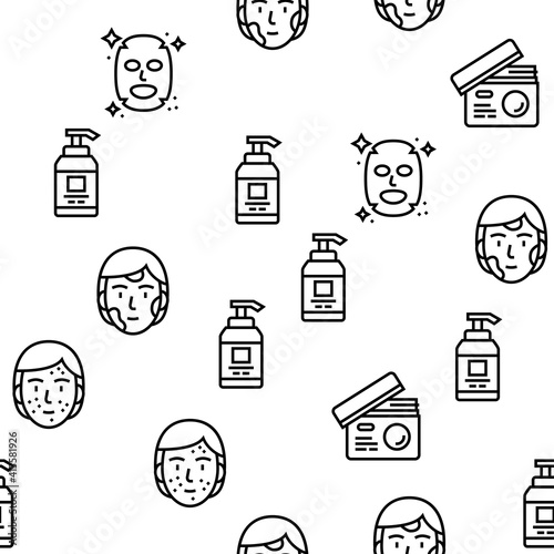 Facial Skin Care Treat Vector Seamless Pattern Thin Line Illustration