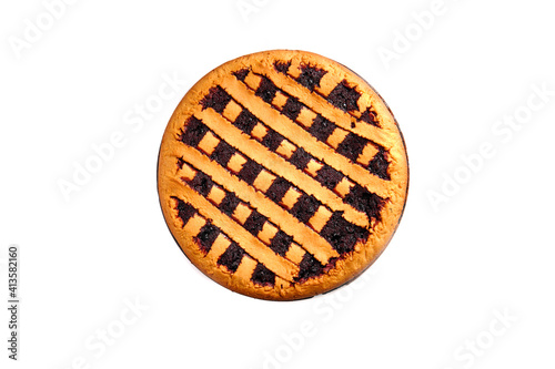 Fototapeta Naklejka Na Ścianę i Meble -  Berry pie in a baking dish on a white background, top view, isolate