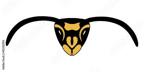 Wasp head. The isolated object on a white background. Vector illustration. The insect is yellow with black. Hand drawn.