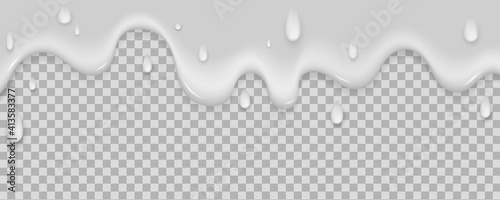 Realistic milk yogurt flows down on light background. White liquid with dribble. Soft texture of a dairy product for your graphic design. Ice cream melts. Vector illustration.