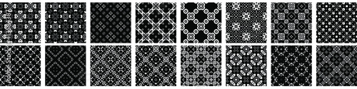 16 seamless abstract geometric patterns and designs in black and white color, monochrome. Endless texture can be used for Wallpaper, pattern fills the background of your web page, surface textures.
