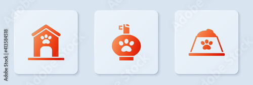 Set Pet shampoo, Dog house and paw print and food bowl. White square button. Vector.