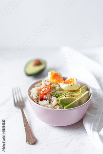 Veggie Rice With Mixed Vegetables  Avocado and Boiled Egg  Flat Lay